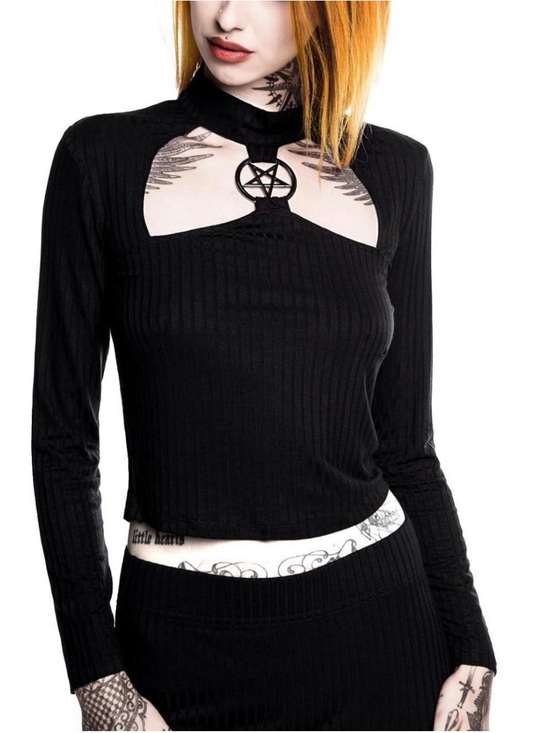 Killstar Tops - Killstar Asylum Band of Misfits Crop Top Rib Knit Pentagram Harness Black Sz M